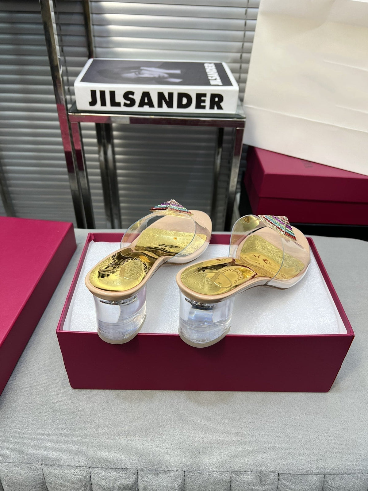 Heeled Sandals 6cm with Crystal Square Buckle Gold and Beige