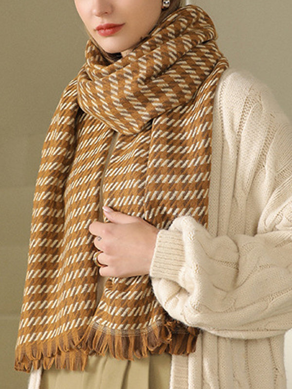 Fringed Houndstooth Keep Warm Shawl&Scarf