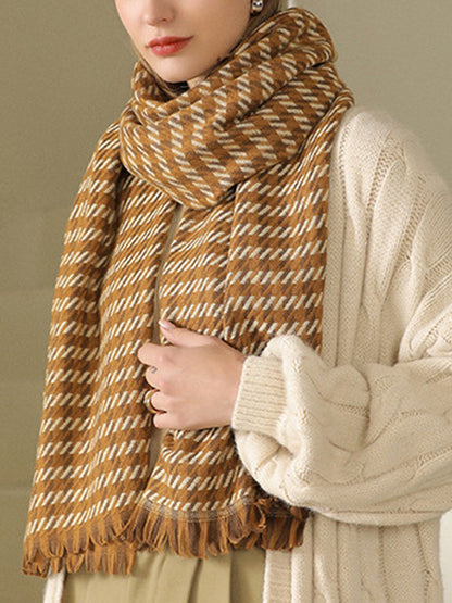 Fringed Houndstooth Keep Warm Shawl&Scarf