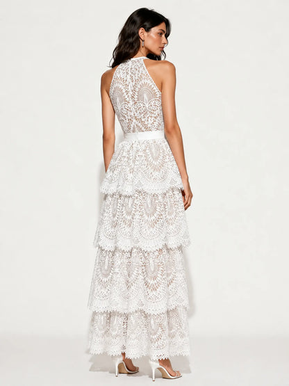 Amabel Lace-Embroidered Cut-Out Halter Maxi Dress
