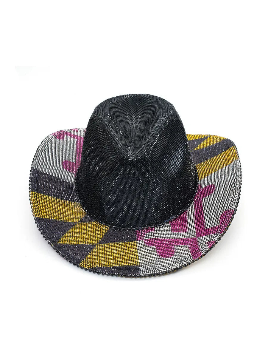 Leilani Color-Block Denim Hat with Rhinestone Embellishments
