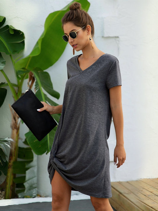 Summer'S New Short-Sleeved V-Neck Hem Knotted Open Fork Loose Casual Skirt