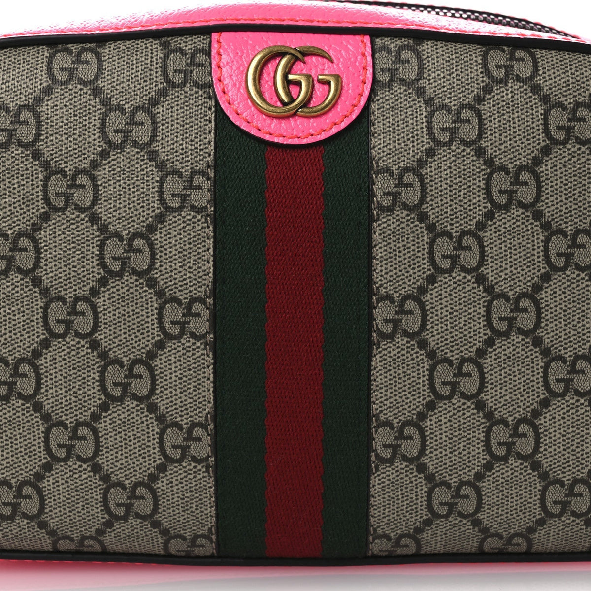 GG Supreme Monogram Textured Dollar Calfskin Web Ophidia Small Crossbody Bag Beige Ebony Fuchsia