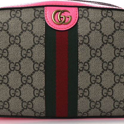 GG Supreme Monogram Textured Dollar Calfskin Web Ophidia Small Crossbody Bag Beige Ebony Fuchsia