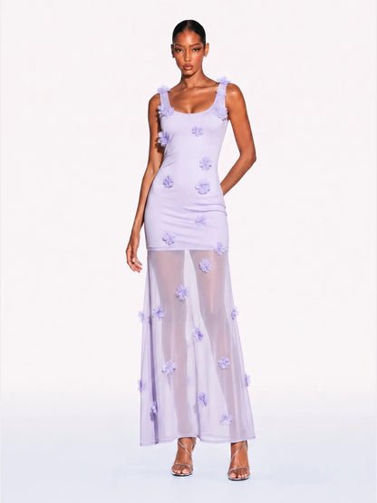 Nora 3D Floral Mesh Overlay Maxi Dress