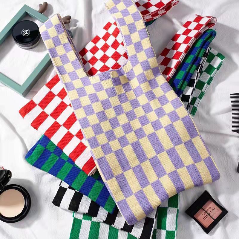 Crochet Tote Bag Checkerboard Knit Bag