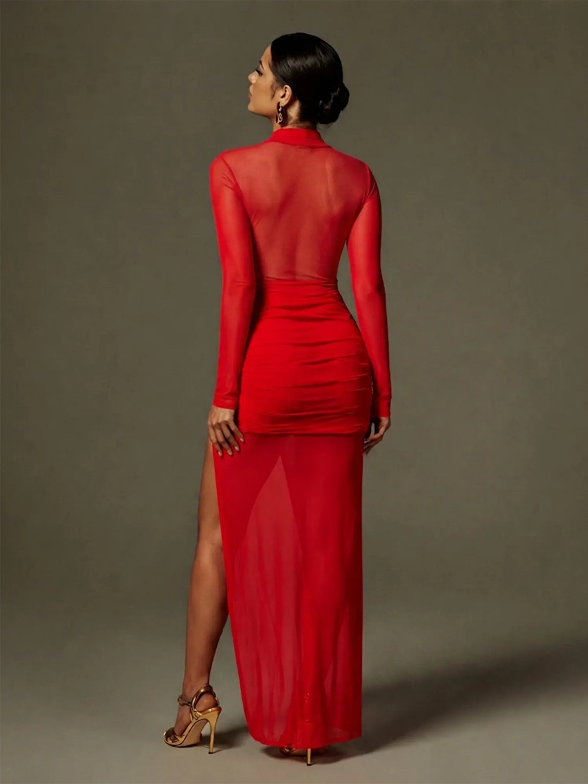 Cypress Draped Split Mesh Maxi Dress In Red