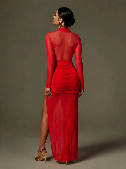 Cypress Draped Split Mesh Maxi Dress In Red