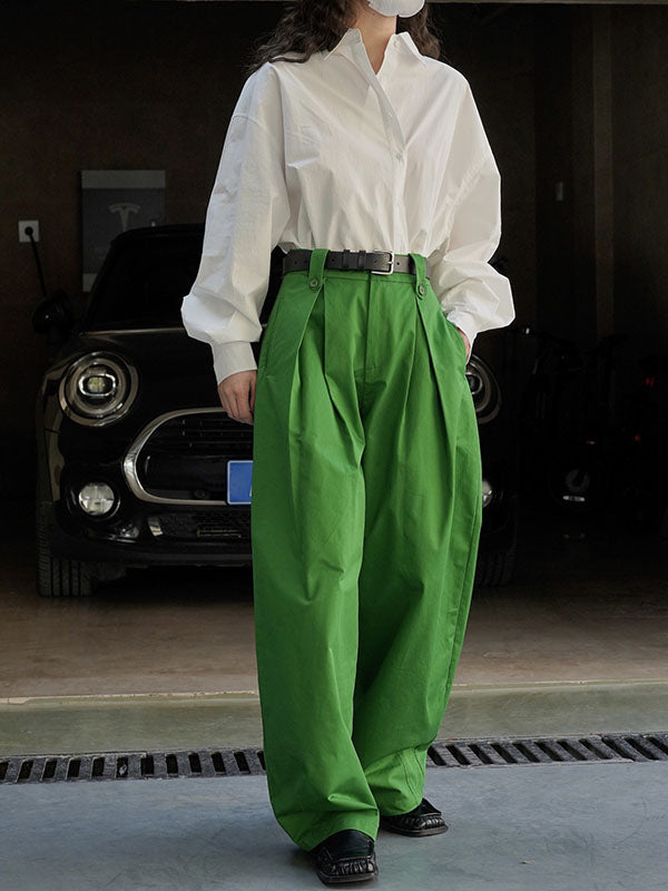 High Waisted Loose Pleated Solid Color Casual Pants Bottoms Trousers
