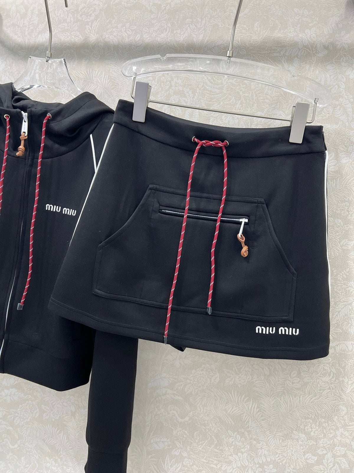 Miumiu Hooded Jacket and Skirt Set Black Cotton