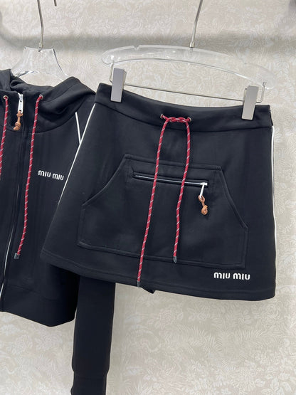 Miumiu Hooded Jacket and Skirt Set Black Cotton