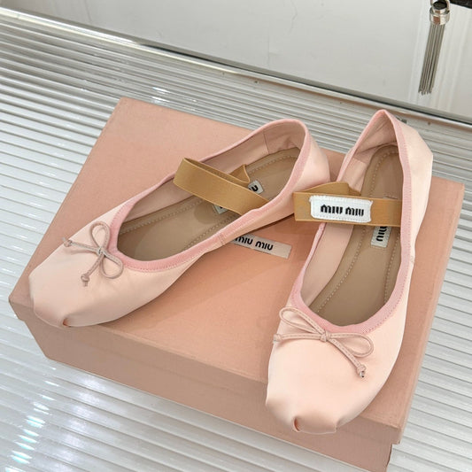 Miu Classic Bow Letter Ballet Light Pink Satin