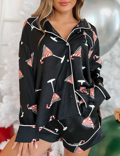 2 Pcs Soft Cartoon Print Satin Christmas Pajamas Set