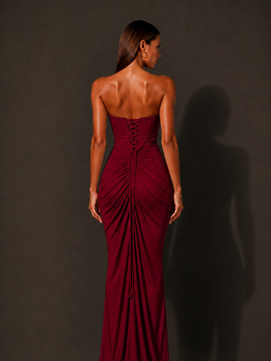 Isabella Strapless Ruched Bodycon Maxi Dress In Red