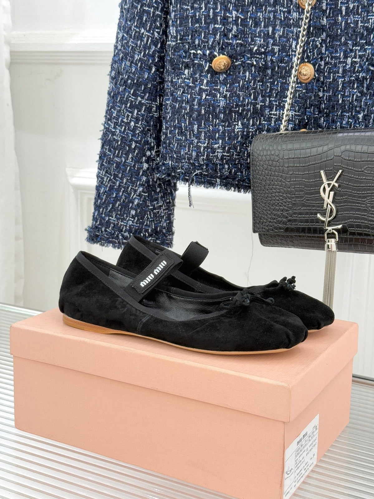 Miu Classic Bow Letter Ballet Flat Black Suede 571003