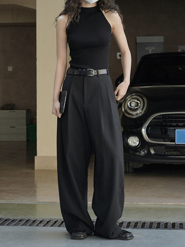 High Waisted Loose Pleated Solid Color Split-Joint Casual Pants Bottoms Trousers