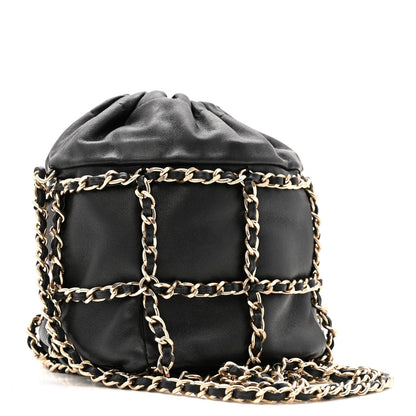 Lambskin Bucket Chain Drawstring Bag Black