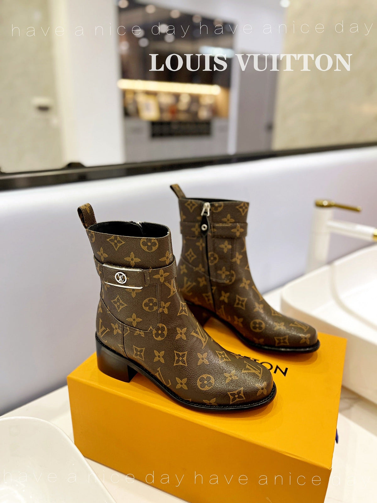 LV Waist Side Ankle Boots Brown Monogram Canvas