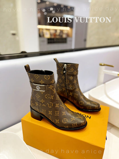LV Waist Side Ankle Boots Brown Monogram Canvas