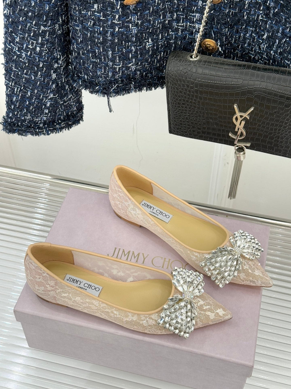 JC25WF Rhinestone Bow Pionted Toe Ballet Flat Nude Sheepskin 573535