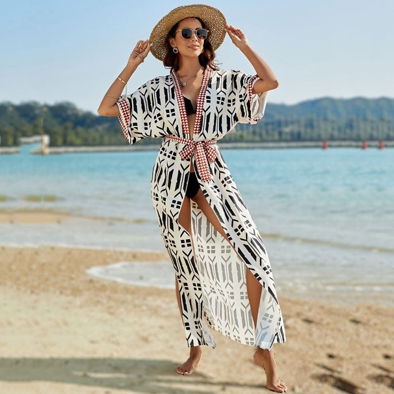 Half-Sleeve Deep-V Print Split-Front Cover-Up