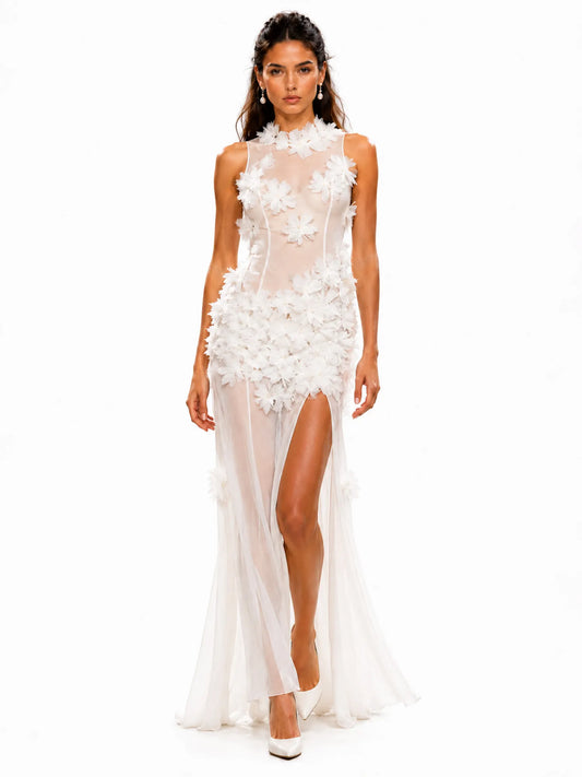 Esme 3D Floral Sheer Mesh Maxi Dress In White