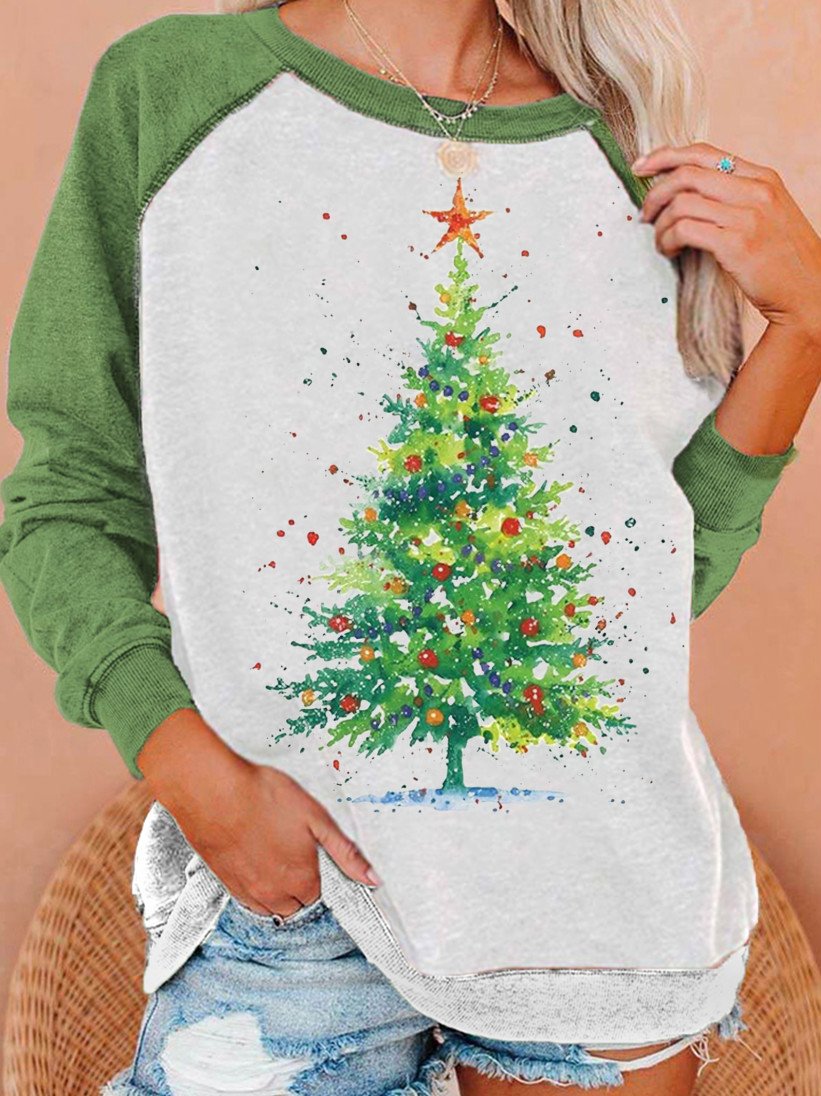Ladies Christmas Tree Print Sweatshirt