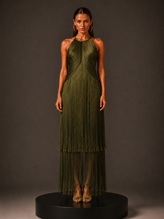 Camilla Sleeveless Bandage Midi Dress with Fringes In Green