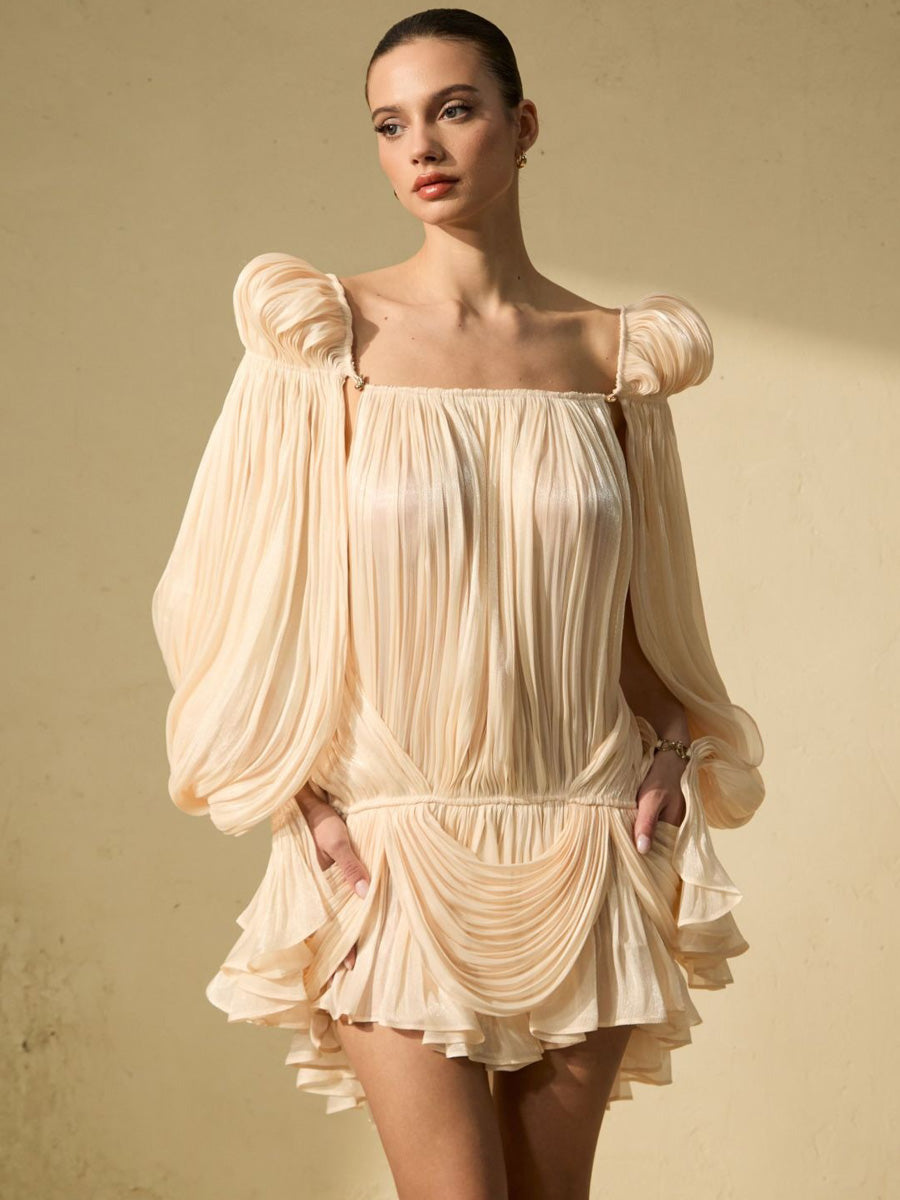 Imelda Beige Puff Sleeve Ruffle Hem Mini Dress