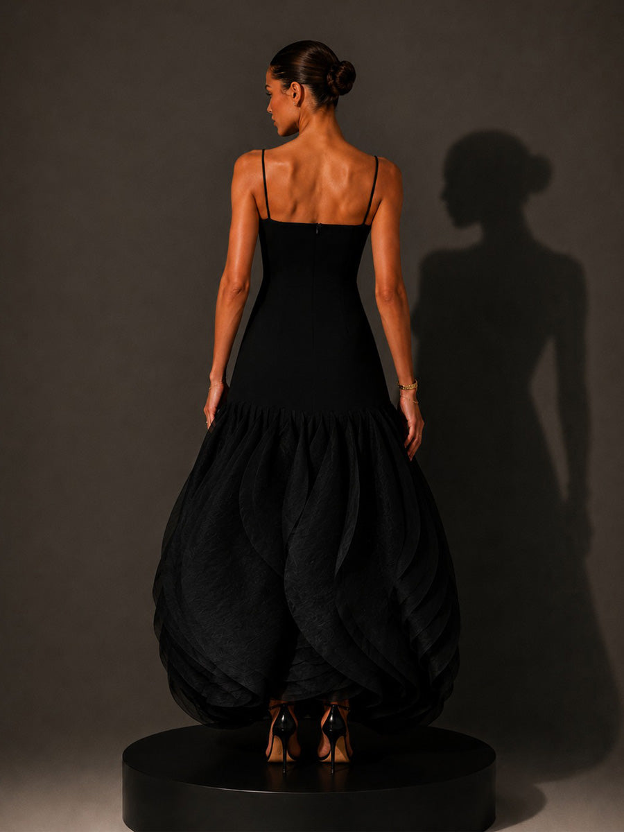 Naomi Petal-Hem Spaghetti-Strap Maxi Dress