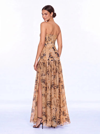 Yasmin Leopard Print Strapless Slit Maxi Dress