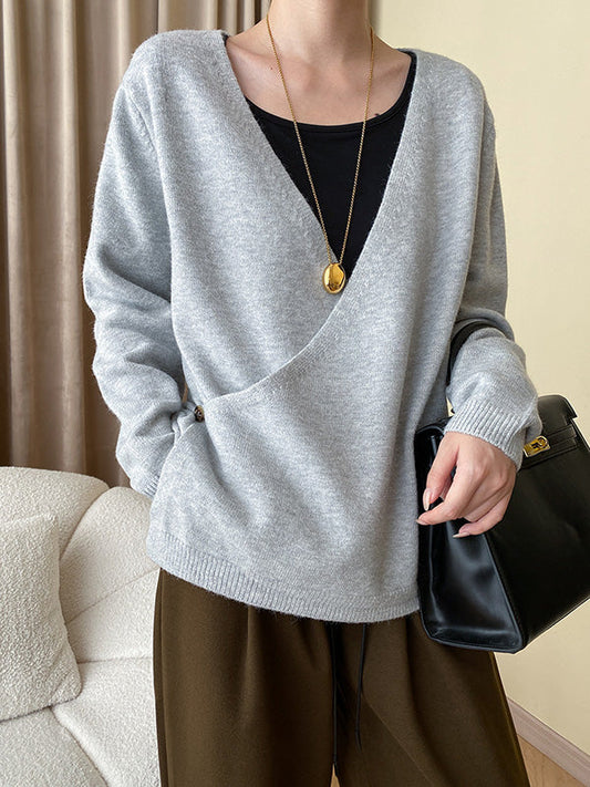 Long Sleeves Loose Asymmetric Buttoned V-Neck Cardigan Tops