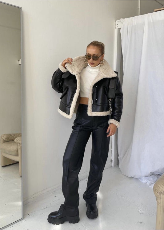 Faux Leather Jacket With Shearling Lining And Cropped Fit
