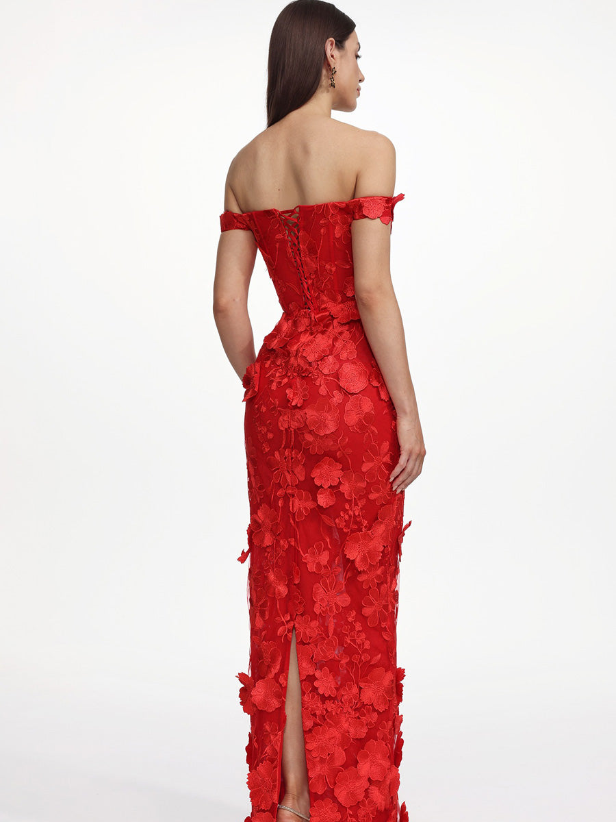 Jasmine Off Shoulder Floral Embroidered Maxi Dress