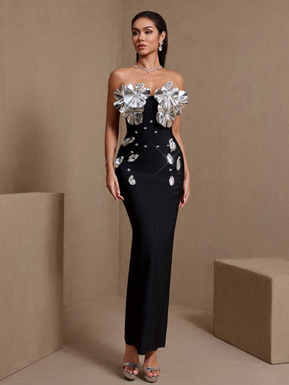 Imelda Silver-Plated Flowers Bandage Maxi Dress