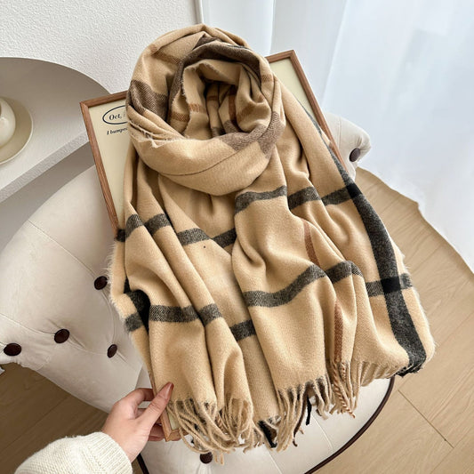 Scarvii - Reversible Color-Block Plaid Scarf with Fringe