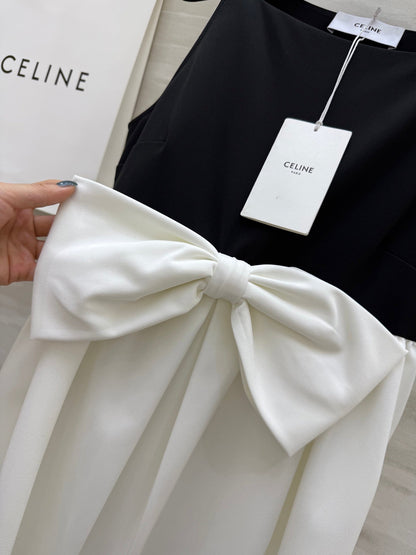 Celine 25 Bow Dress Black mix White Silk