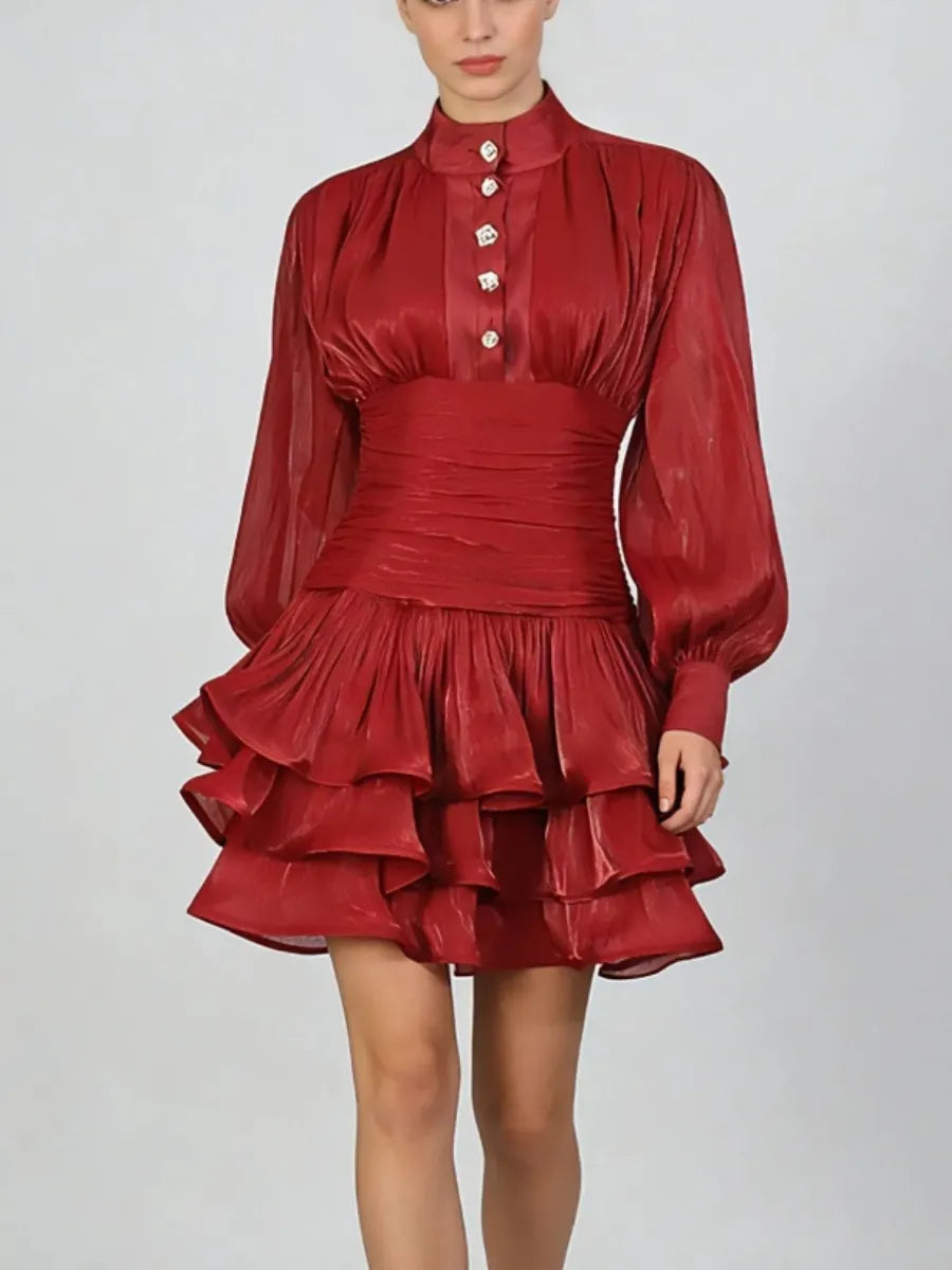 Alessandra Satin Puff-Sleeve Tiered Mini Dress in Red
