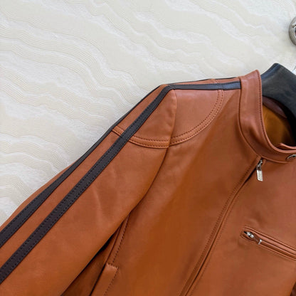 Miu SS26 Nappa Leather Jacket Stripes Brandy Lambskin 351105