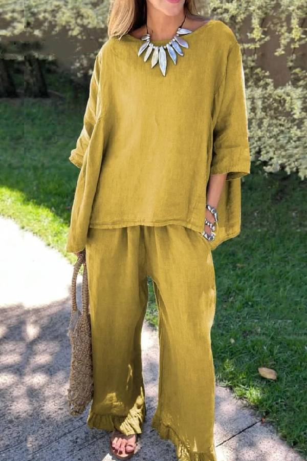Casual Solid Color Loose Top \u0026 Pants Cotton Linen Two-piece Set