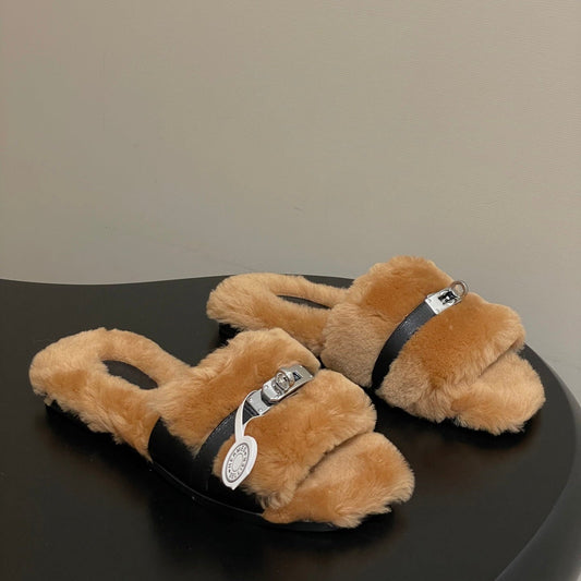 Hermes Giulia Kelly Buckle H-Slippers Brown in Wool 594325