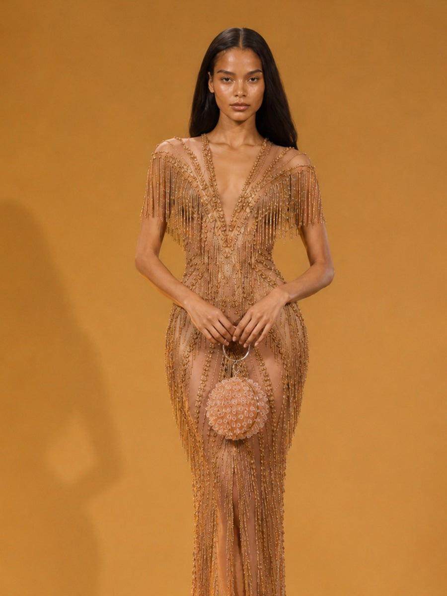 Ingrid Fringed Rhinestone Deep V-Neck Maxi Dress