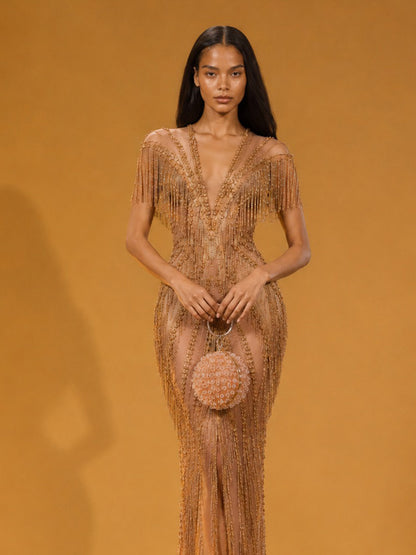 Ingrid Fringed Rhinestone Deep V-Neck Maxi Dress