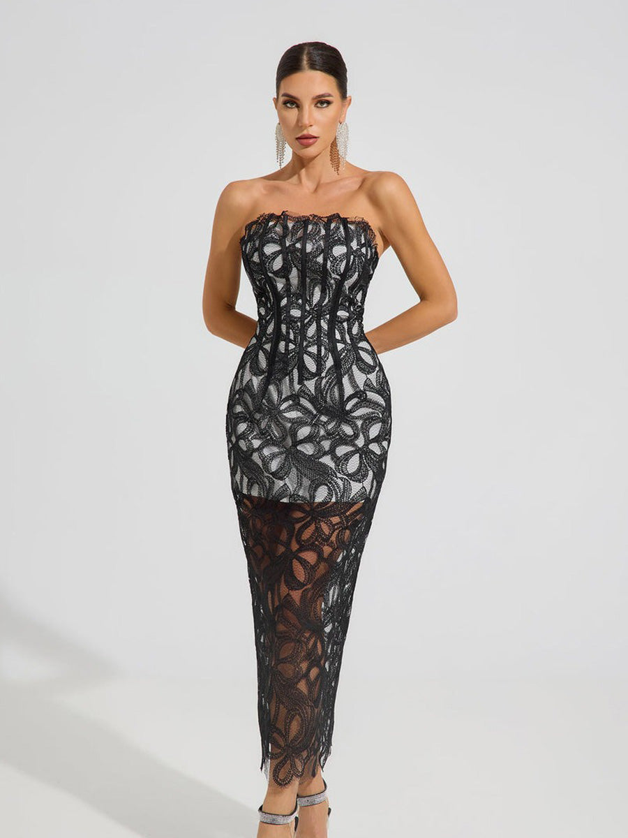 Iliana Noir Lace Corset Maxi Dress