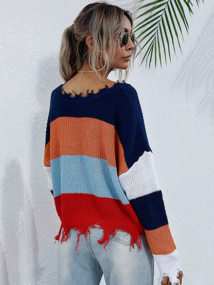 Urban Loose Fringed Contrast Color V-Neck Sweater
