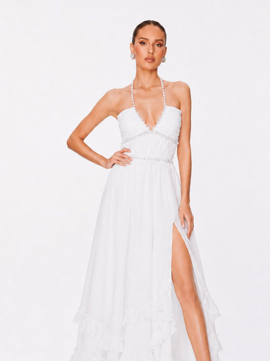 Anika Pearl-Embellished Halter-Neck Ruffled Slit Maxi Dress In White
