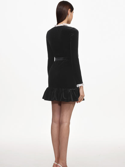 Harper Classic Long Sleeve Rhinestone Ruffle Velvet Mini Dress