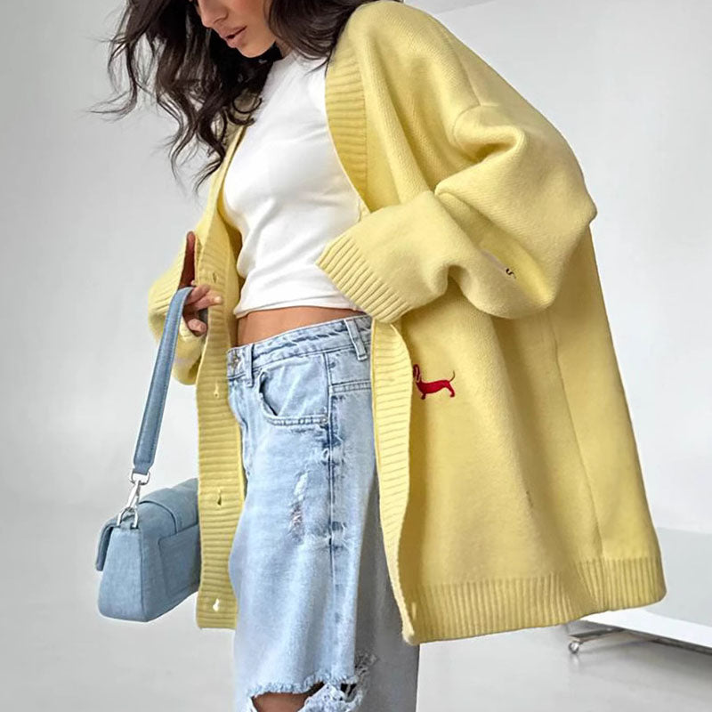 Cute Animal Embroidery V-Neck Oversized Cardigan