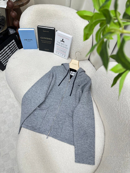 Miumiu 2026 Hooded Knit Cardigan Grey Cashmere