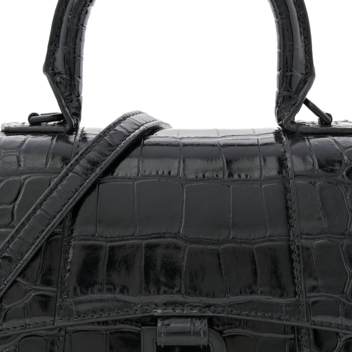 Shiny Calfskin Monochrome Crocodile Embossed Hourglass Top Handle Bag XS Black